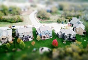 Tilt Shift photo of houses in a suburban neighbourhood